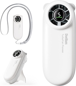 Hvid håndholdt turbo ventilator med LED display og lanyard